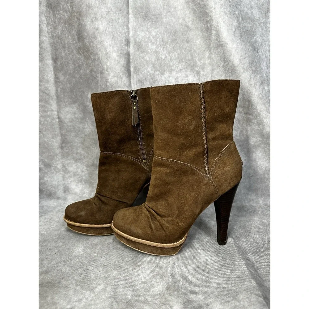 UGG Bianka Brown Suede Platform Mid-Calf Boots Braided Trim Shearling Lined Sz 8